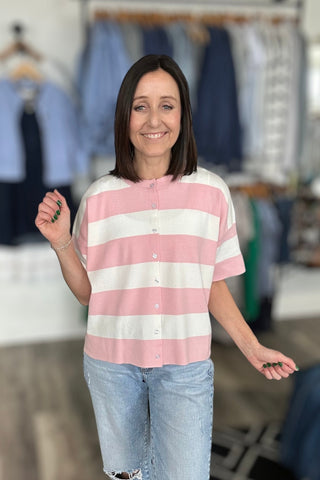 Whitney Pink Striped Button Front Knit Top - The Funky Zebras Clear Lake