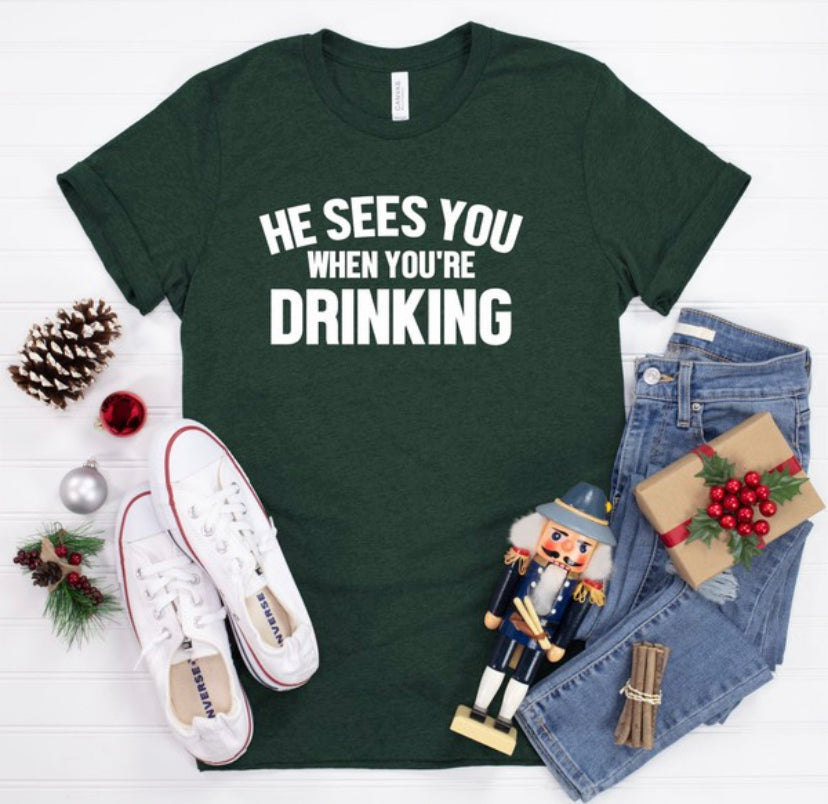 He Sees You When You’re Drinking Tee-The Funky Zebras Clear Lake-The Funky Zebras Clear Lake | Women's Fashion Boutique in Clear Lake, Iowa