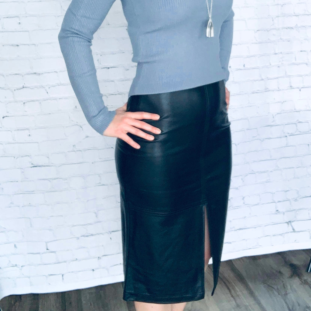 Danielle Faux Leather Midi Skirt-Dresses-allie rose-The Funky Zebras Clear Lake | Women's Fashion Boutique in Clear Lake, Iowa